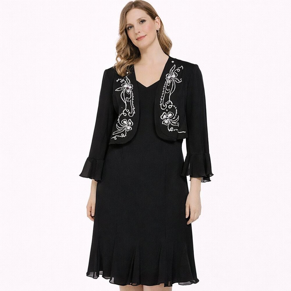 SL. fashion black two pieces midi V neckline dress Size: 10.